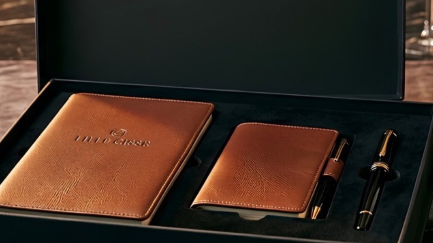 Corporate-Box geöffnet: Leder-Notizbuch, Etui und Schreibgerät mit Logoprägung