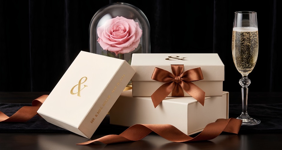 Hochzeits-Box geöffnet: konservierte Rose im Glasdom, Champagner und Satinband