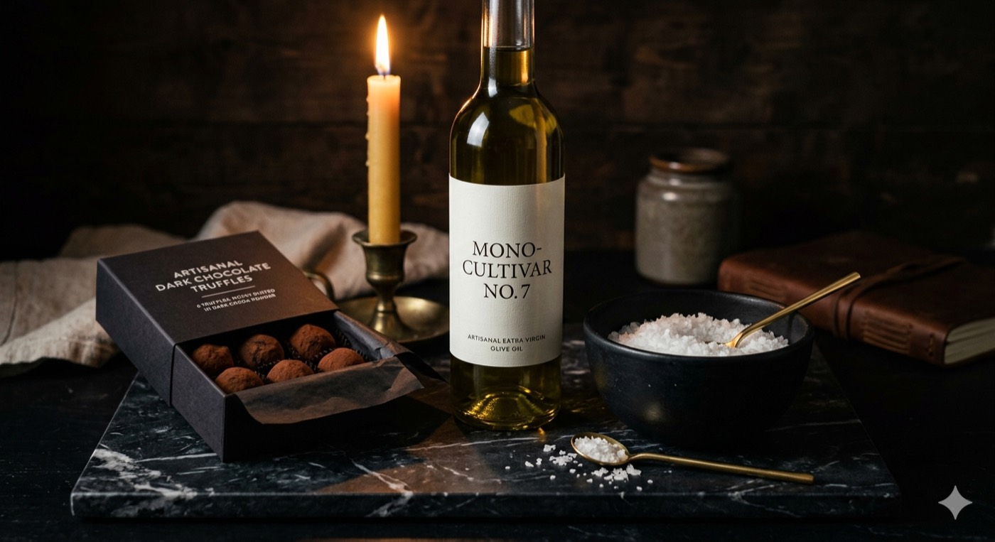 Geburtstags-Box: handgeschöpfte Pralinen, Wein, Kerze und Fleur de Sel
