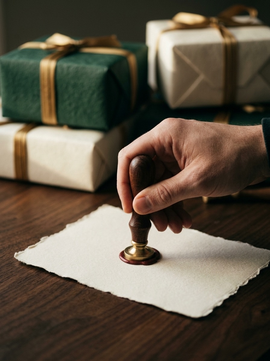 Ein Wachssiegel wird von Hand auf handgeschöpftes Papier gedrückt, dahinter fertig verpackte Geschenkboxen in Grün und Creme mit Goldband